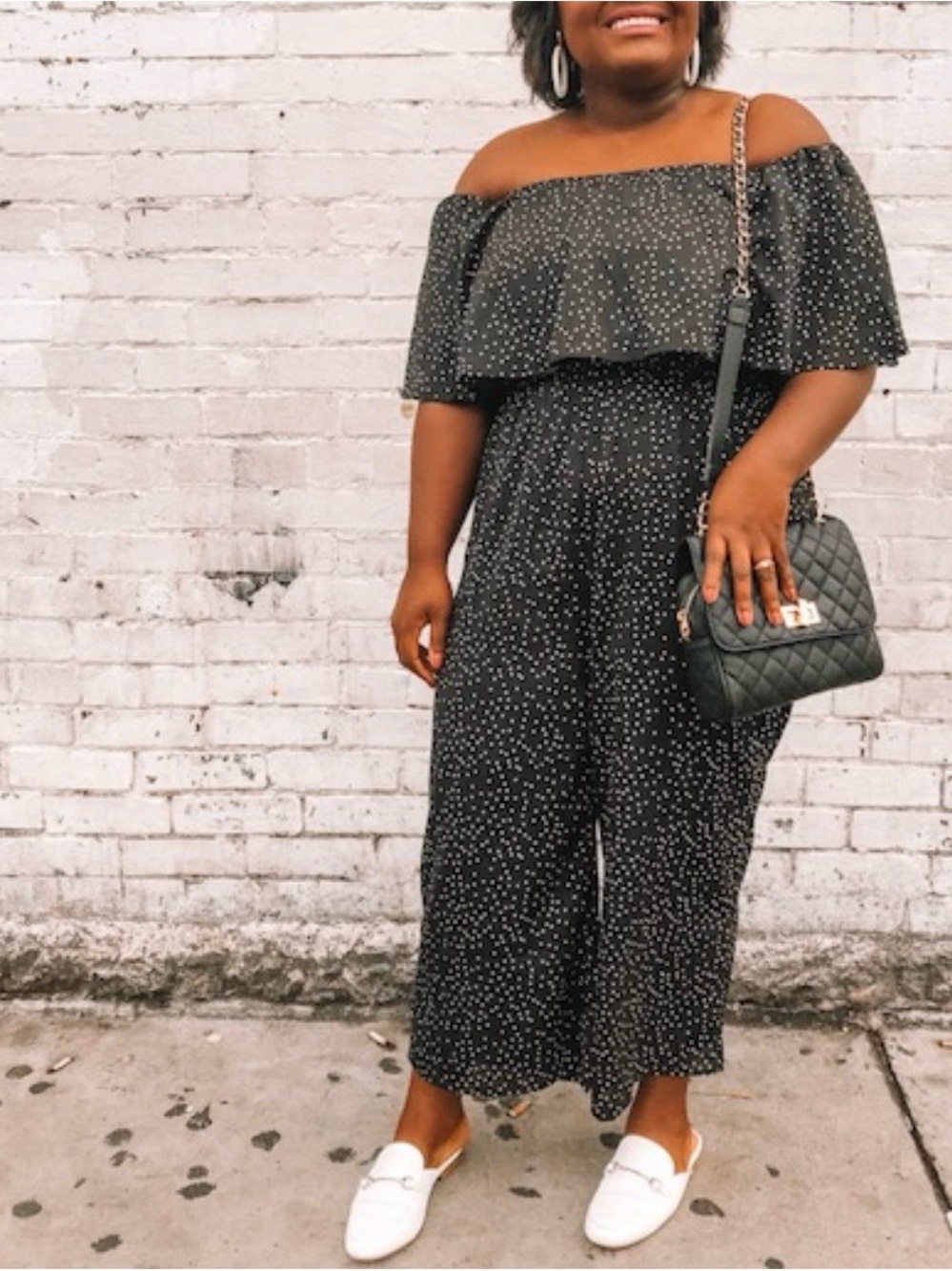 Off-Shoulder Black Polka Dot Jumpsuit